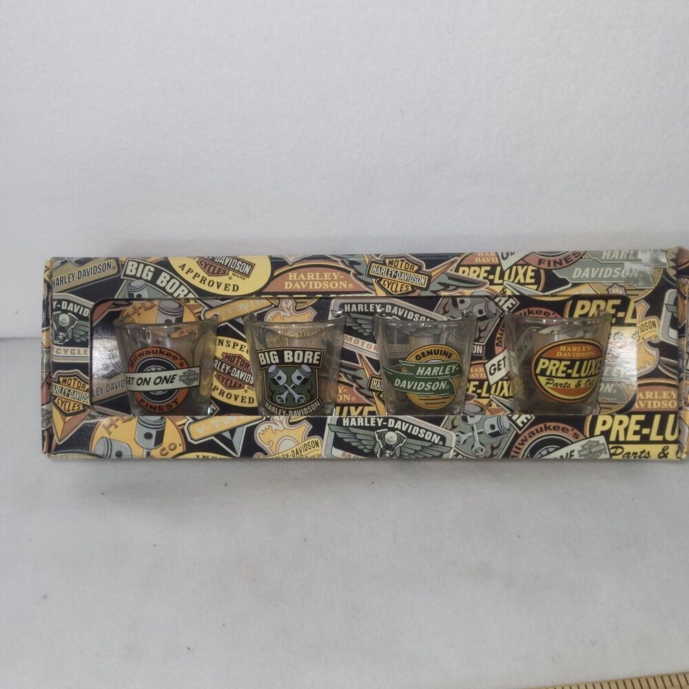 Harley Davidson Motorcycles SHOT GLASSES Bar Collage Set 4 96945-04v New